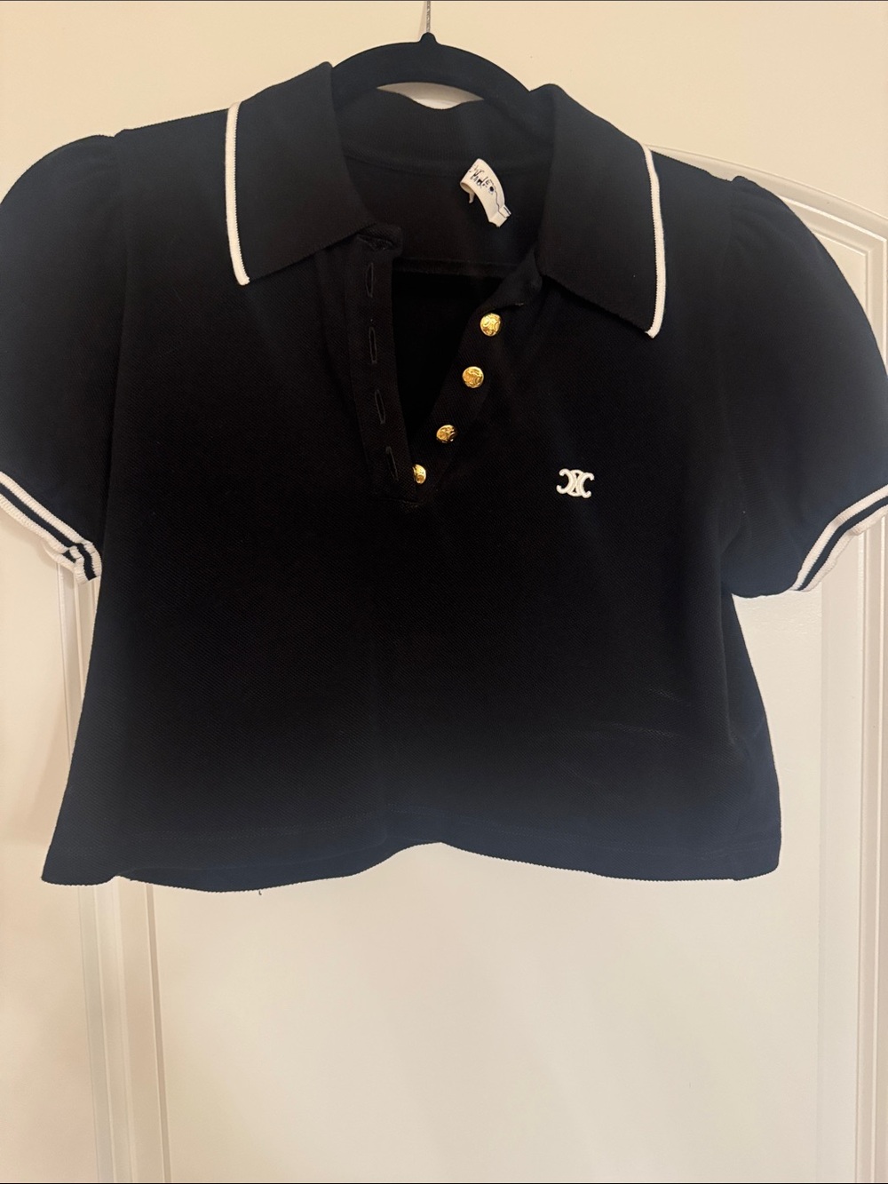 Black Polo Crop Top with White Trim and Gold Buttons